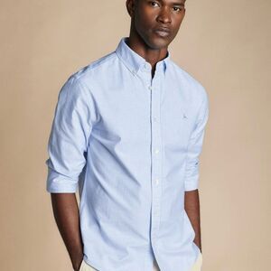 Charles Tyrwhitt Button Collar Stretch Oxford Stripe Ocean Blue L NWT IN PKG‎